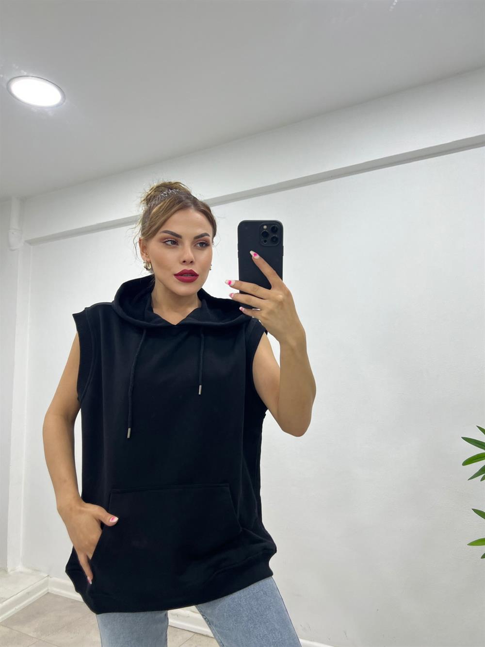 Kapüşonlu Sifir Kol Sweat Si̇yah