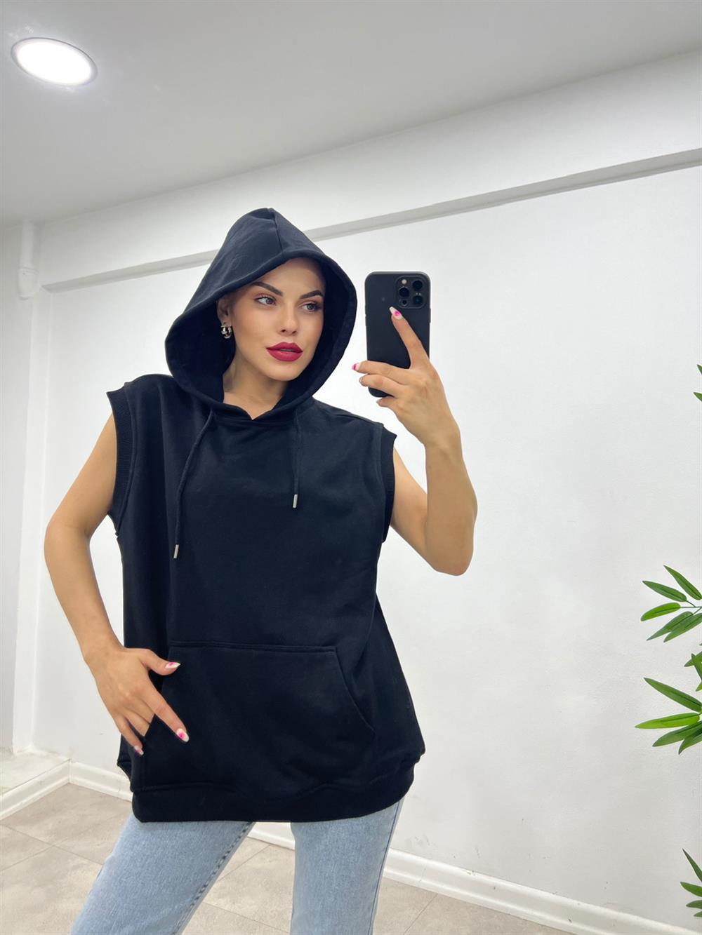 Kapüşonlu Sifir Kol Sweat Si̇yah