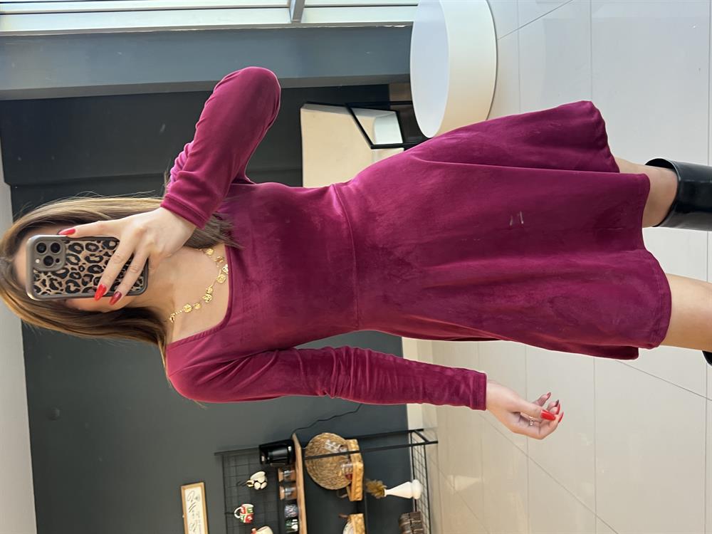 Kare Yaka Kadi̇fe Elbi̇se Bordo