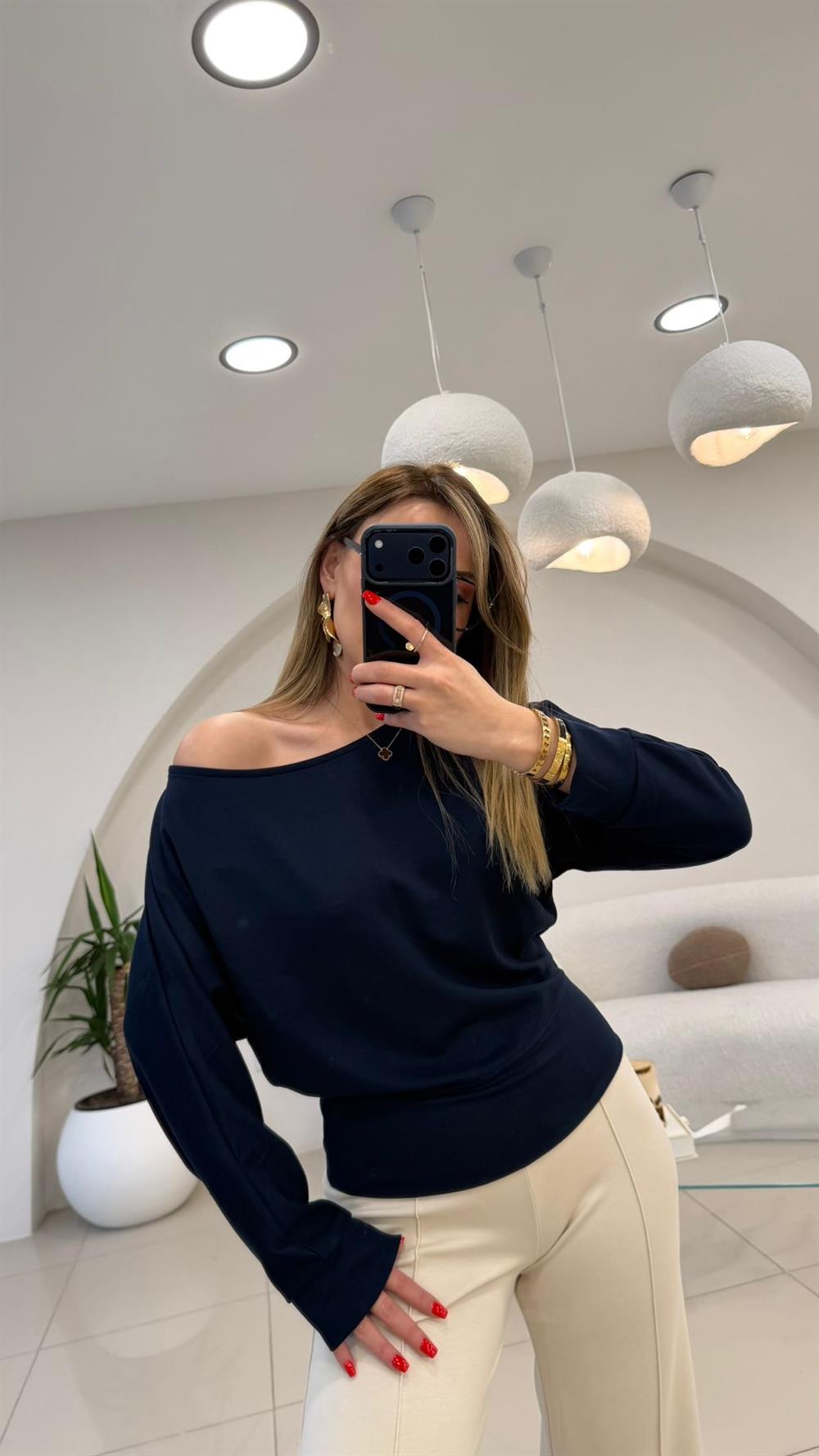 KAYIK YAKA BASİC BLUZ LACİVERT
