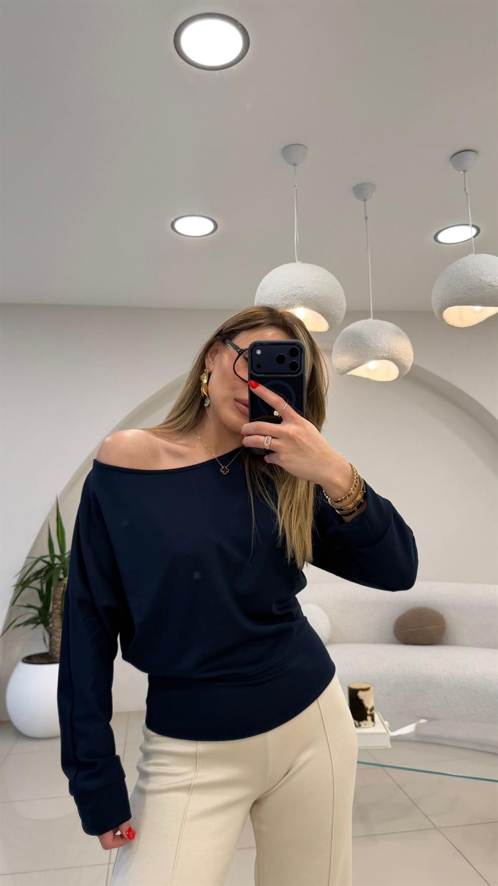 KAYIK YAKA BASİC BLUZ LACİVERT
