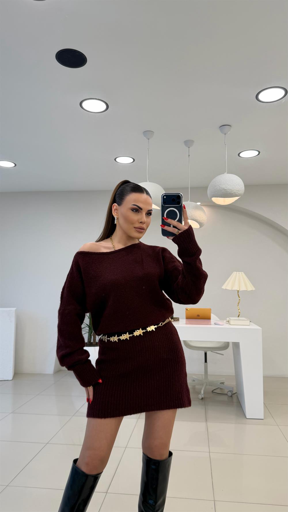 KAYIK YAKA TRİKO ELBİSE BORDO