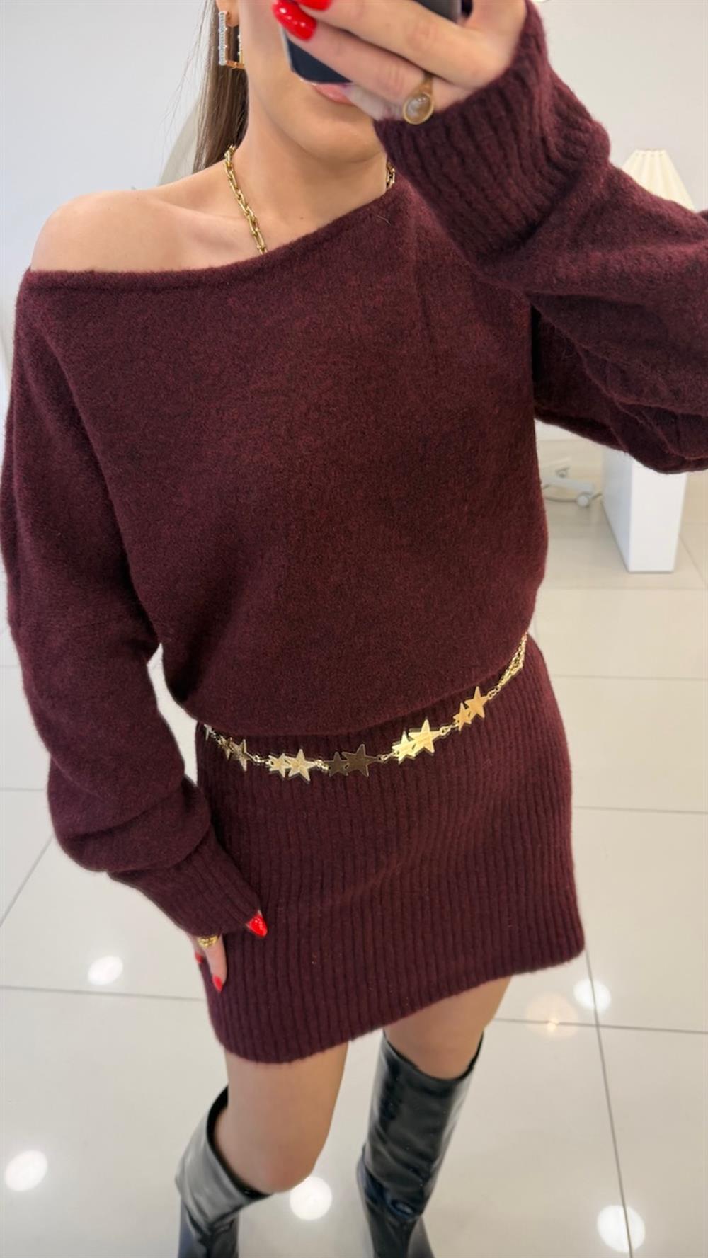 KAYIK YAKA TRİKO ELBİSE BORDO
