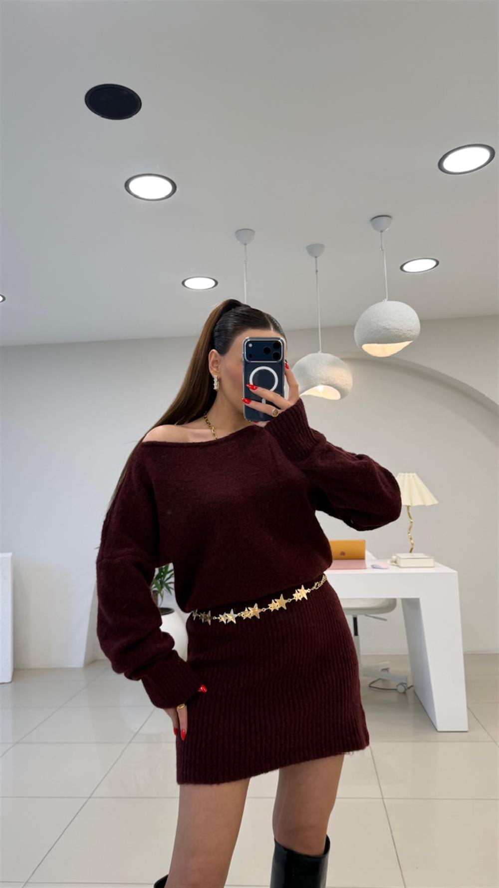 KAYIK YAKA TRİKO ELBİSE BORDO