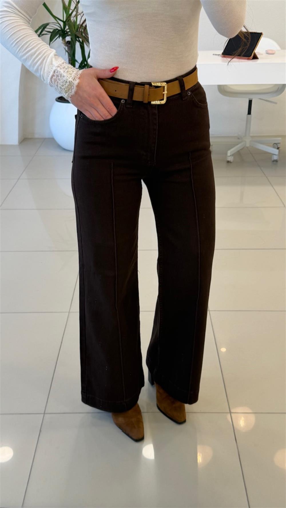 KEMERLİ ÇİMA DİKİŞLİ KAHVE JEAN 