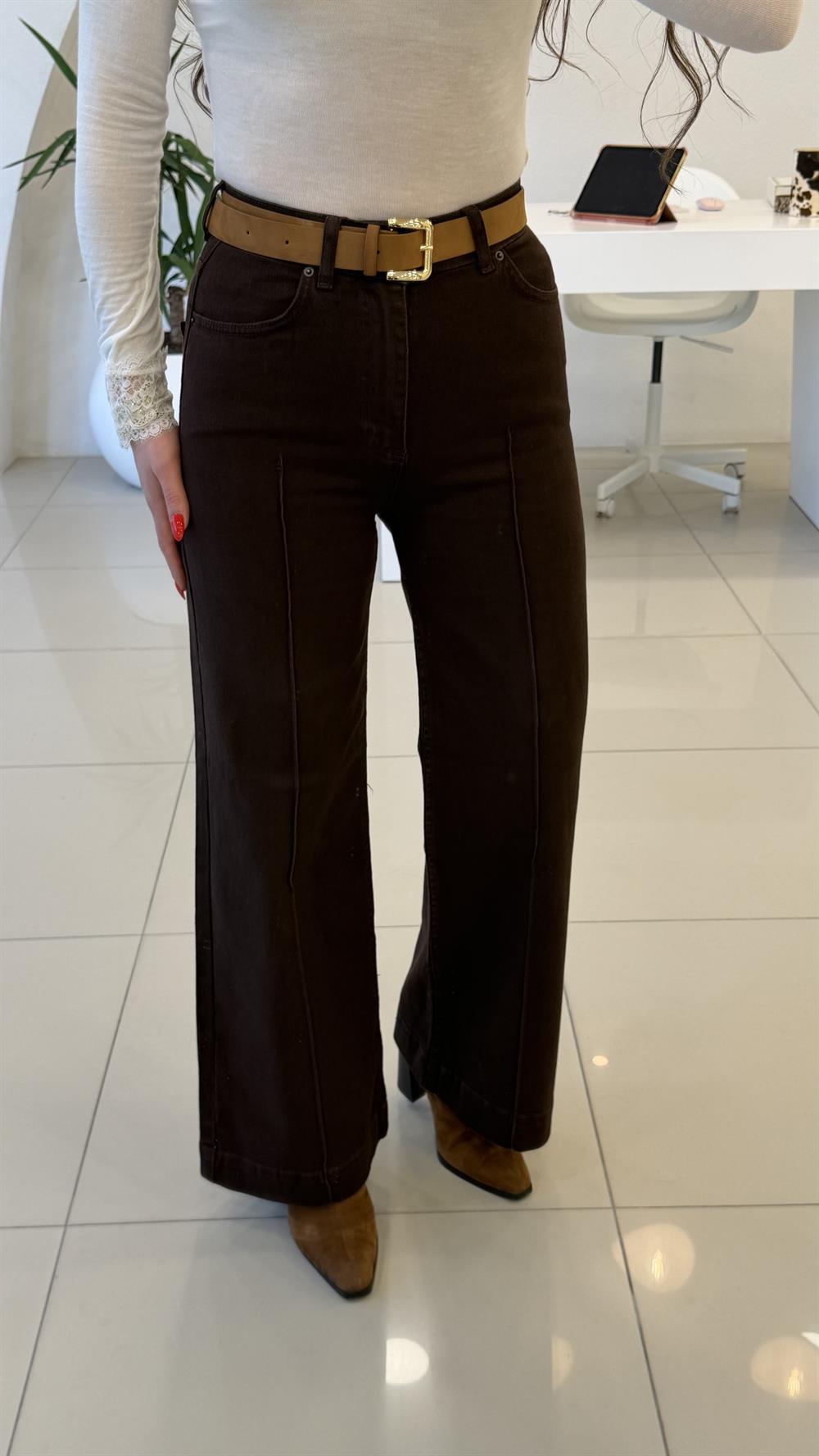 KEMERLİ ÇİMA DİKİŞLİ KAHVE JEAN 