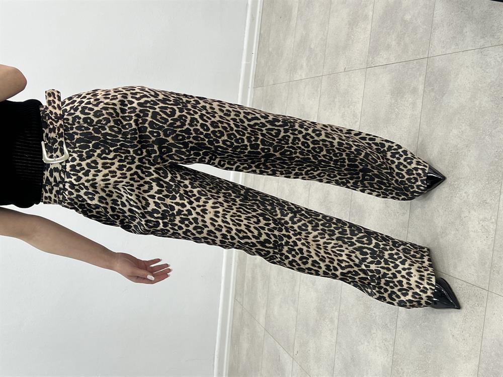Kemerli̇ Saten Leopar Pantolon