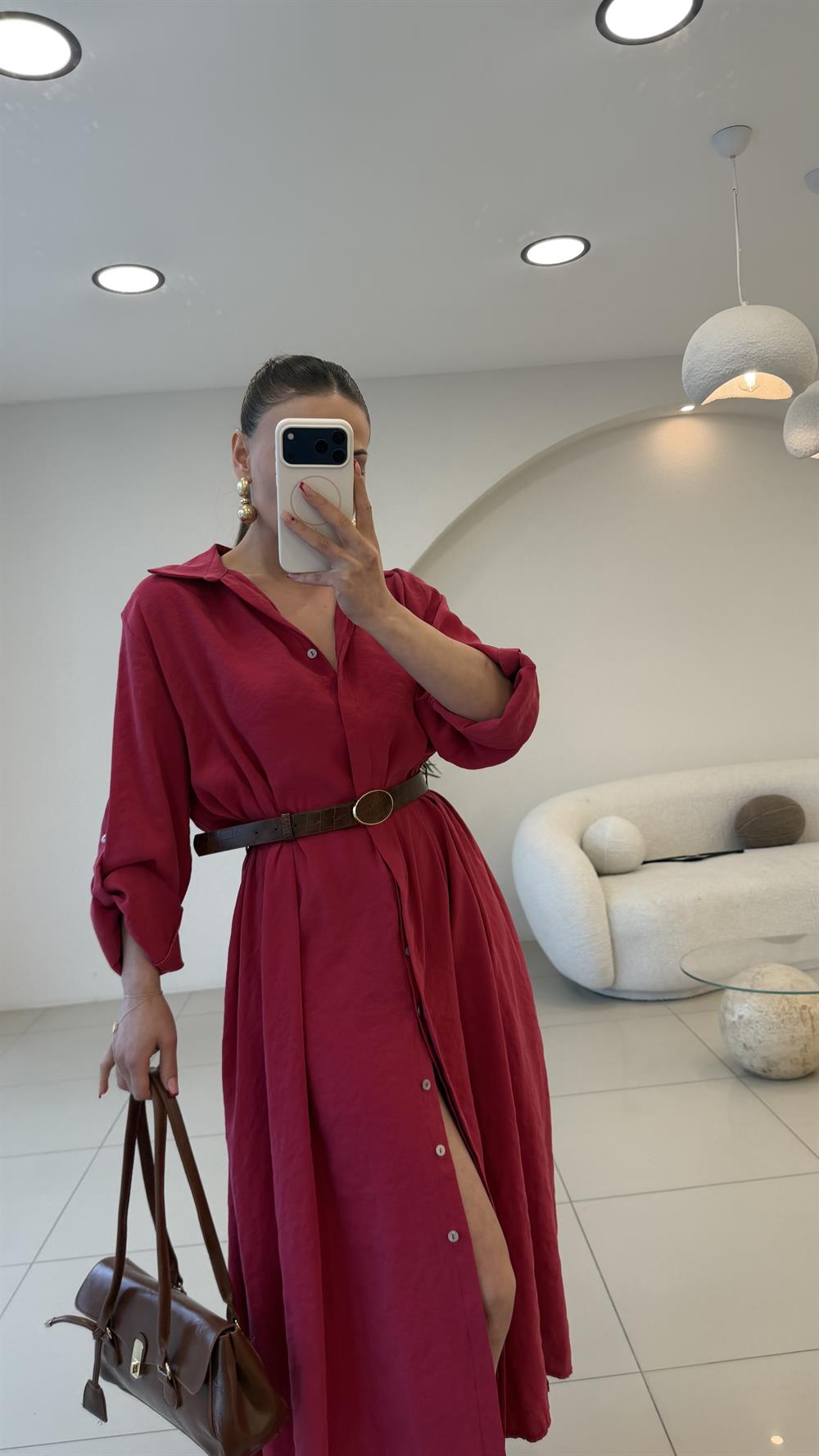 KEMERLİ TENSEL MAX ELBİSE KIRMIZI