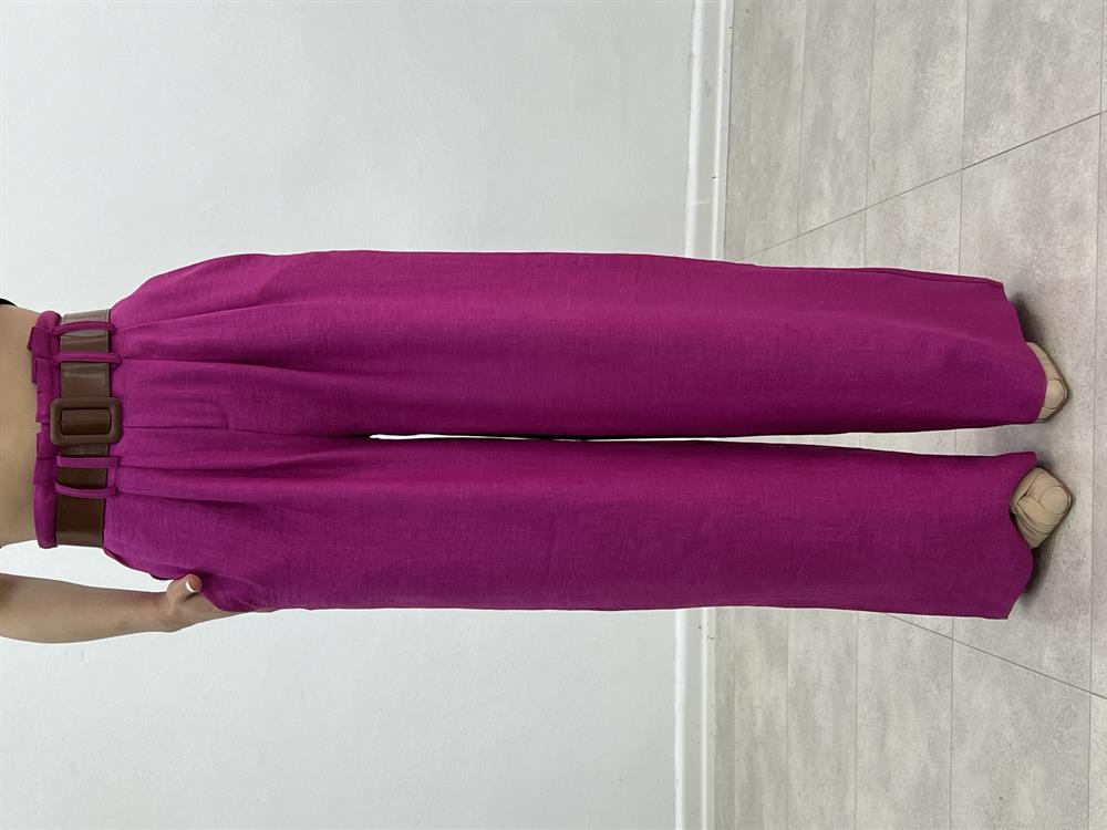 Kemerli̇ Ti̇ri̇l Keten Pantolon Pembe