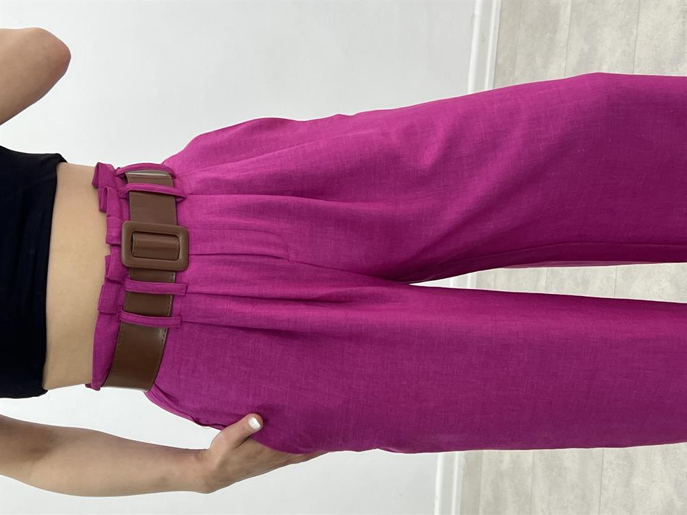 Kemerli̇ Ti̇ri̇l Keten Pantolon Pembe