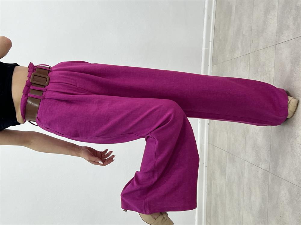 Kemerli̇ Ti̇ri̇l Keten Pantolon Pembe