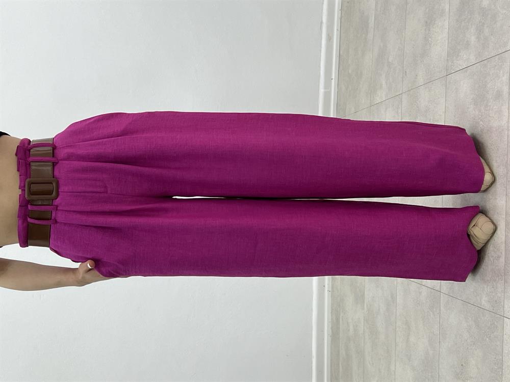 Kemerli̇ Ti̇ri̇l Keten Pantolon Pembe