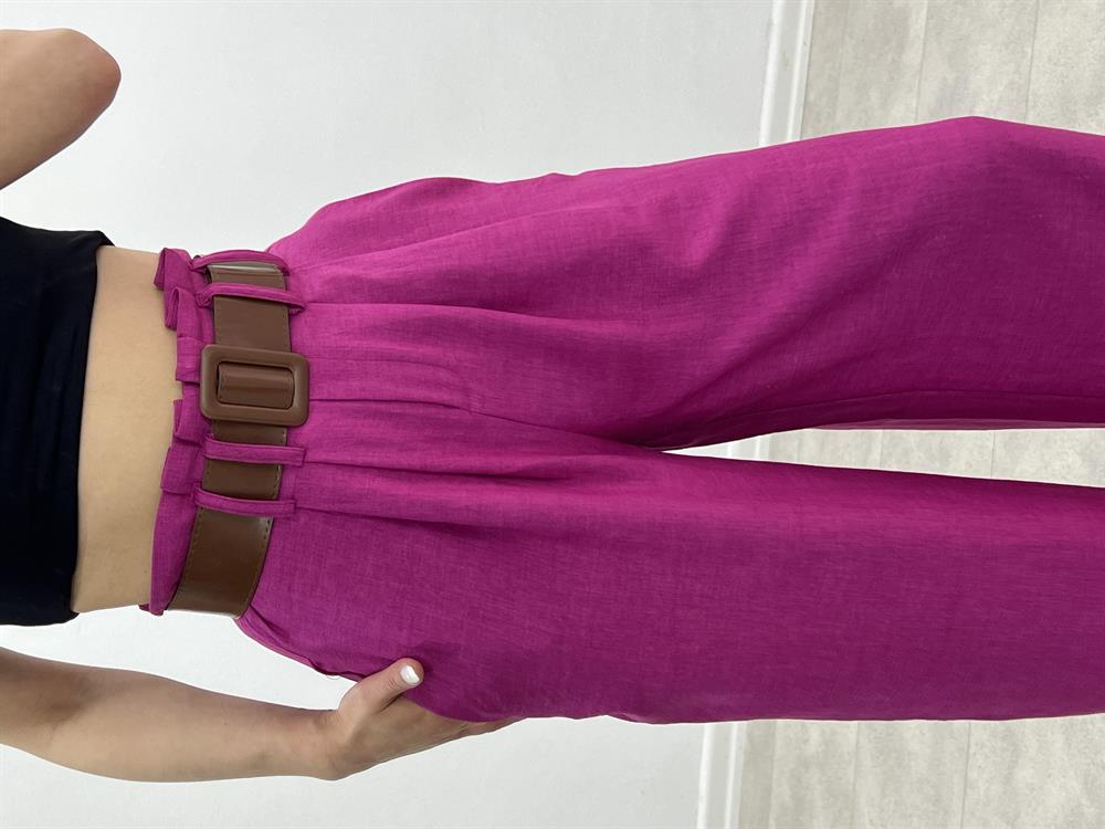 Kemerli̇ Ti̇ri̇l Keten Pantolon Pembe
