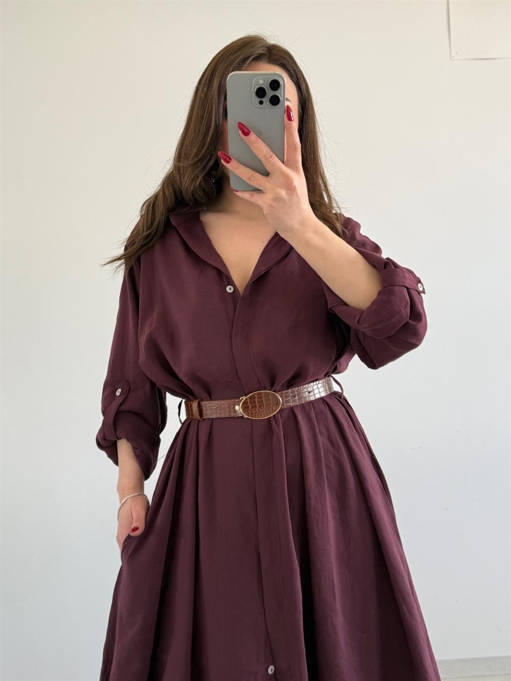 Kendi̇nden Kemerli̇ Tiril Elbi̇se Bordo
