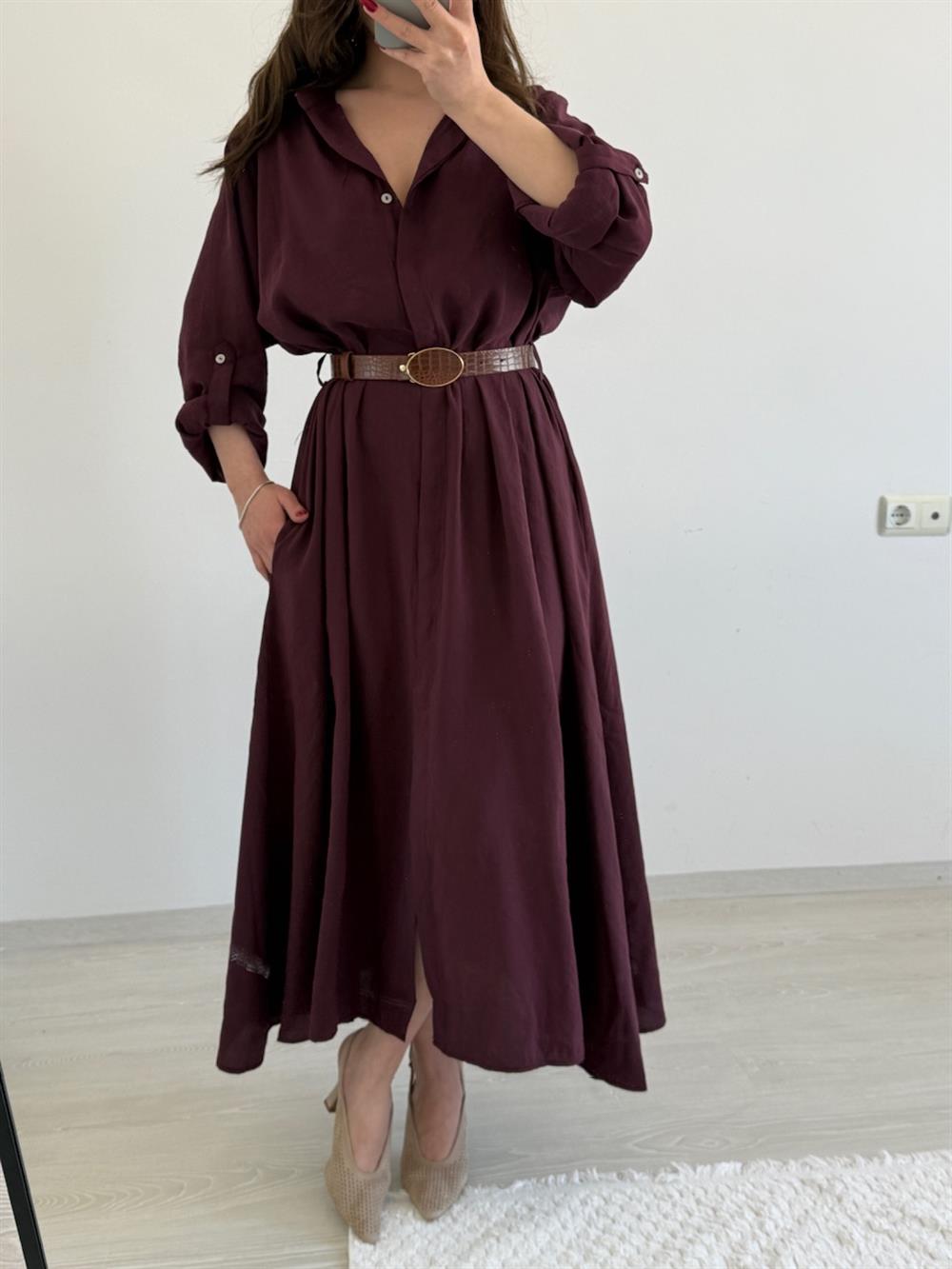 Kendi̇nden Kemerli̇ Tiril Elbi̇se Bordo