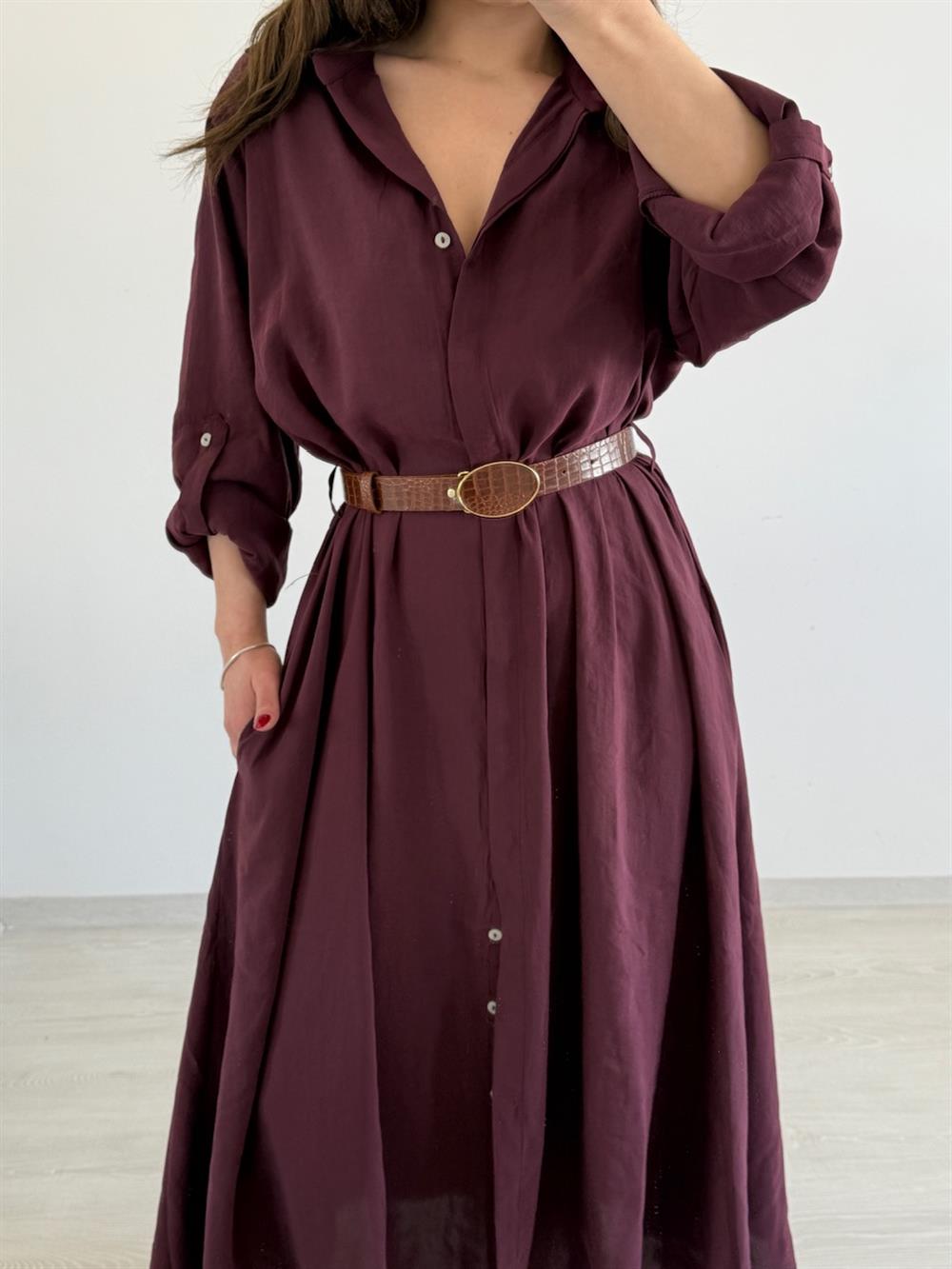 Kendi̇nden Kemerli̇ Tiril Elbi̇se Bordo