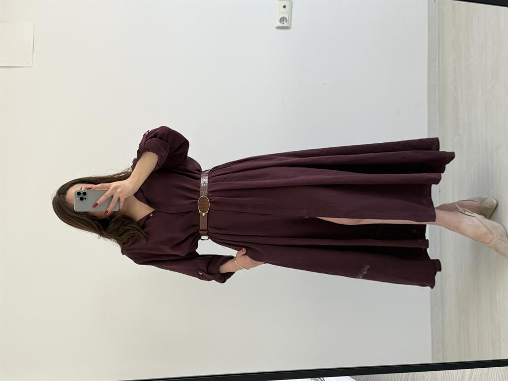 Kendi̇nden Kemerli̇ Tiril Elbi̇se Bordo