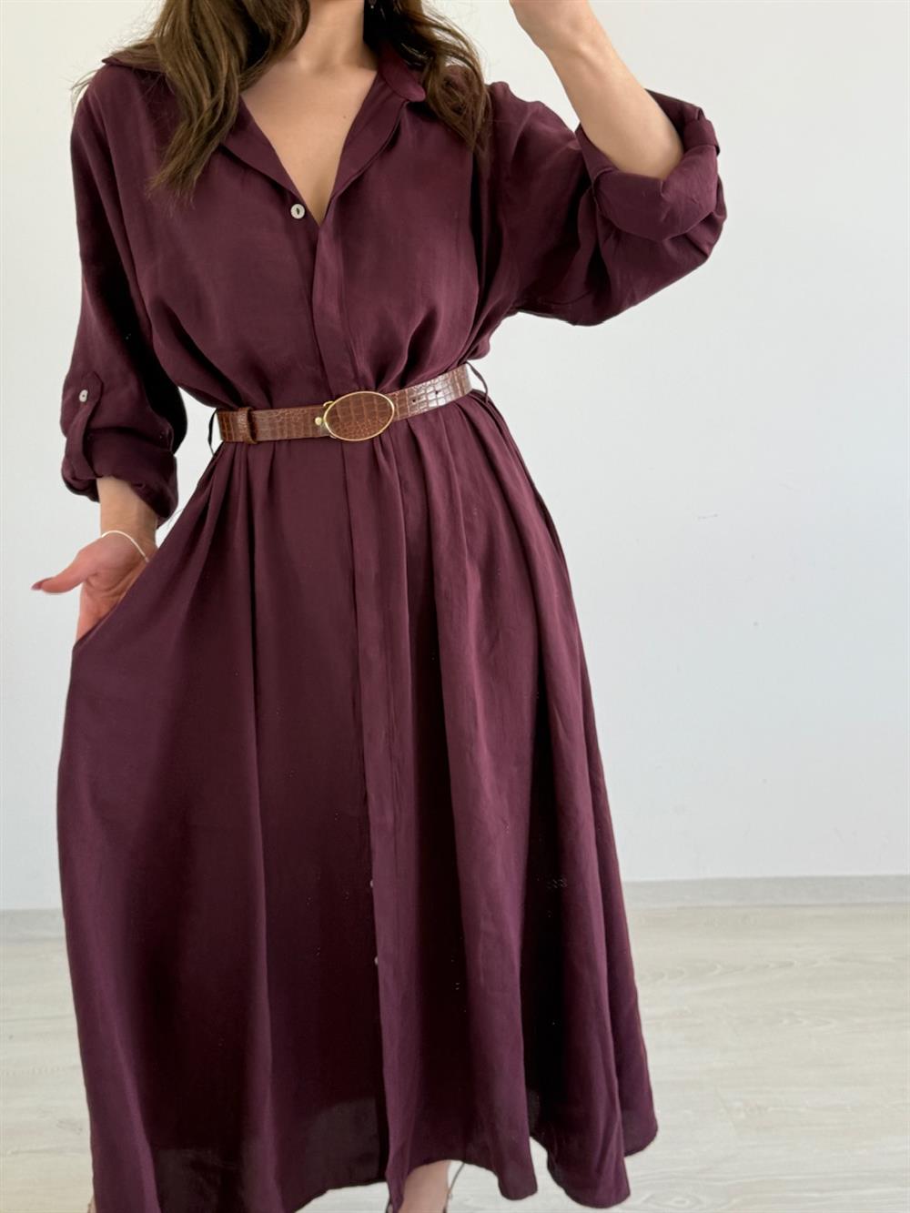 Kendi̇nden Kemerli̇ Tiril Elbi̇se Bordo