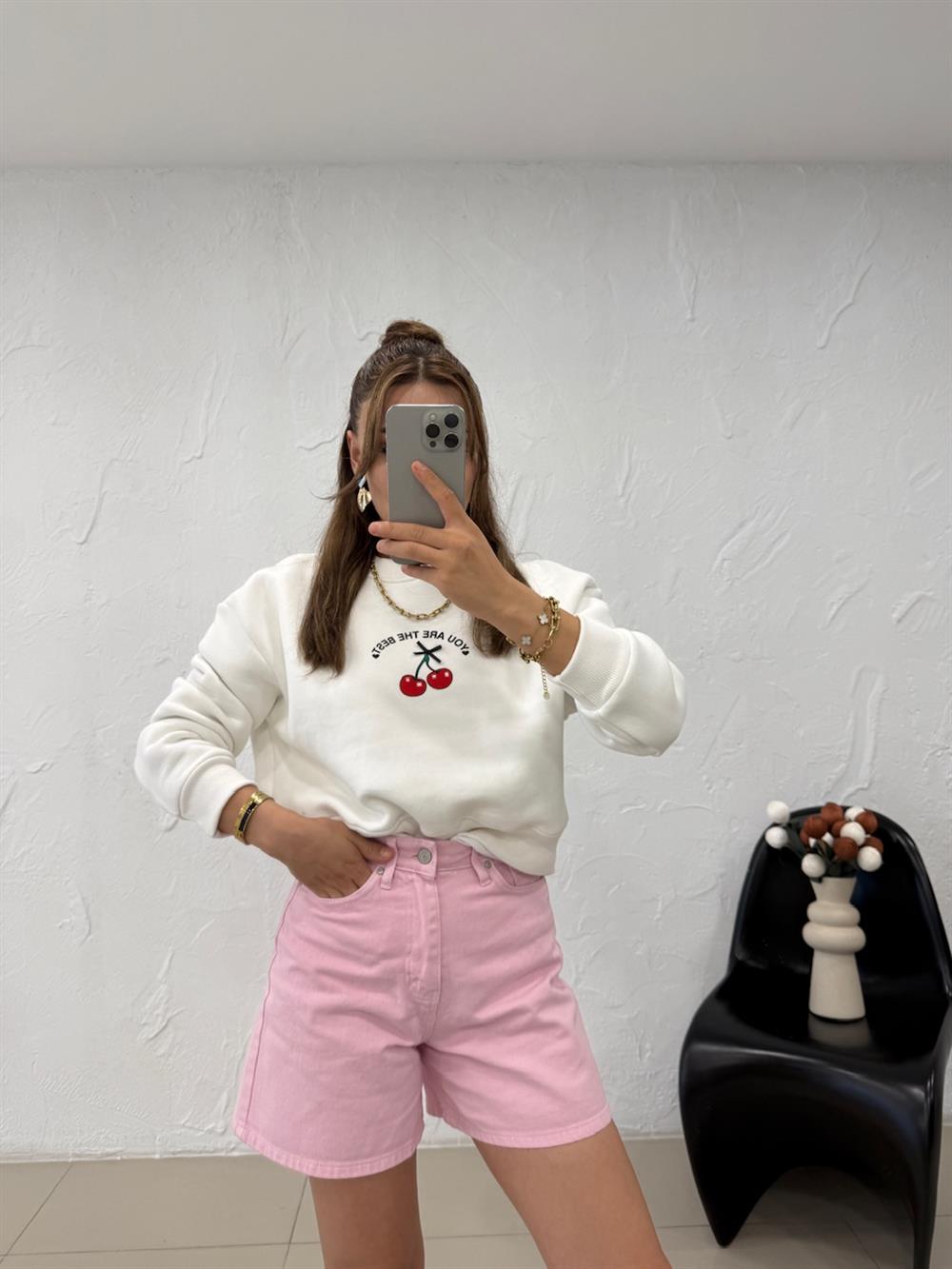 KİRAZLI SWEATSHIRT BEYAZ