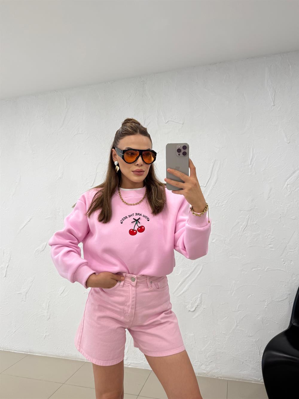 KİRAZLI SWEATSHIRT PEMBE