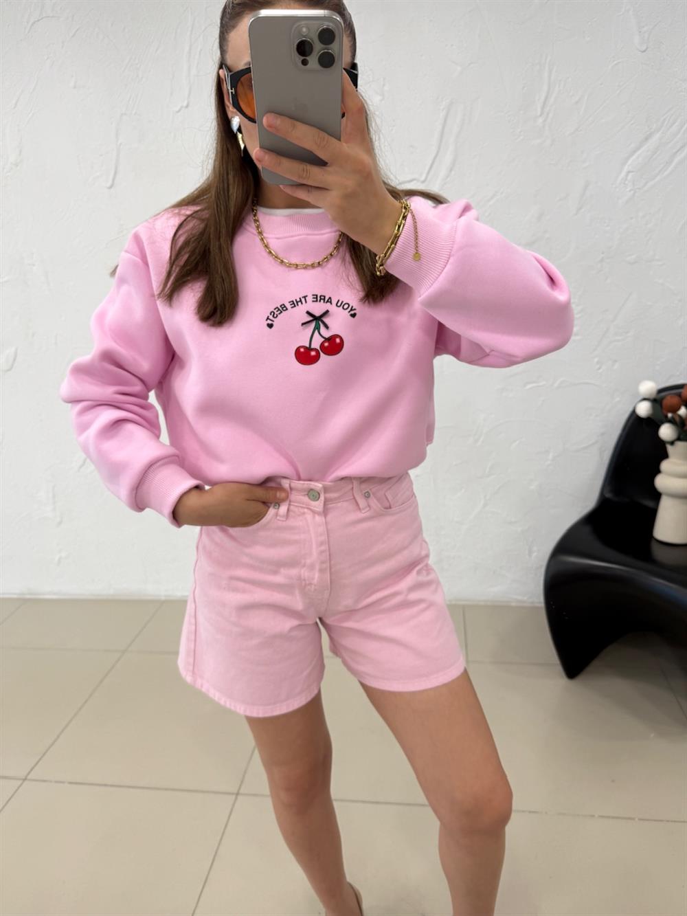 KİRAZLI SWEATSHIRT PEMBE