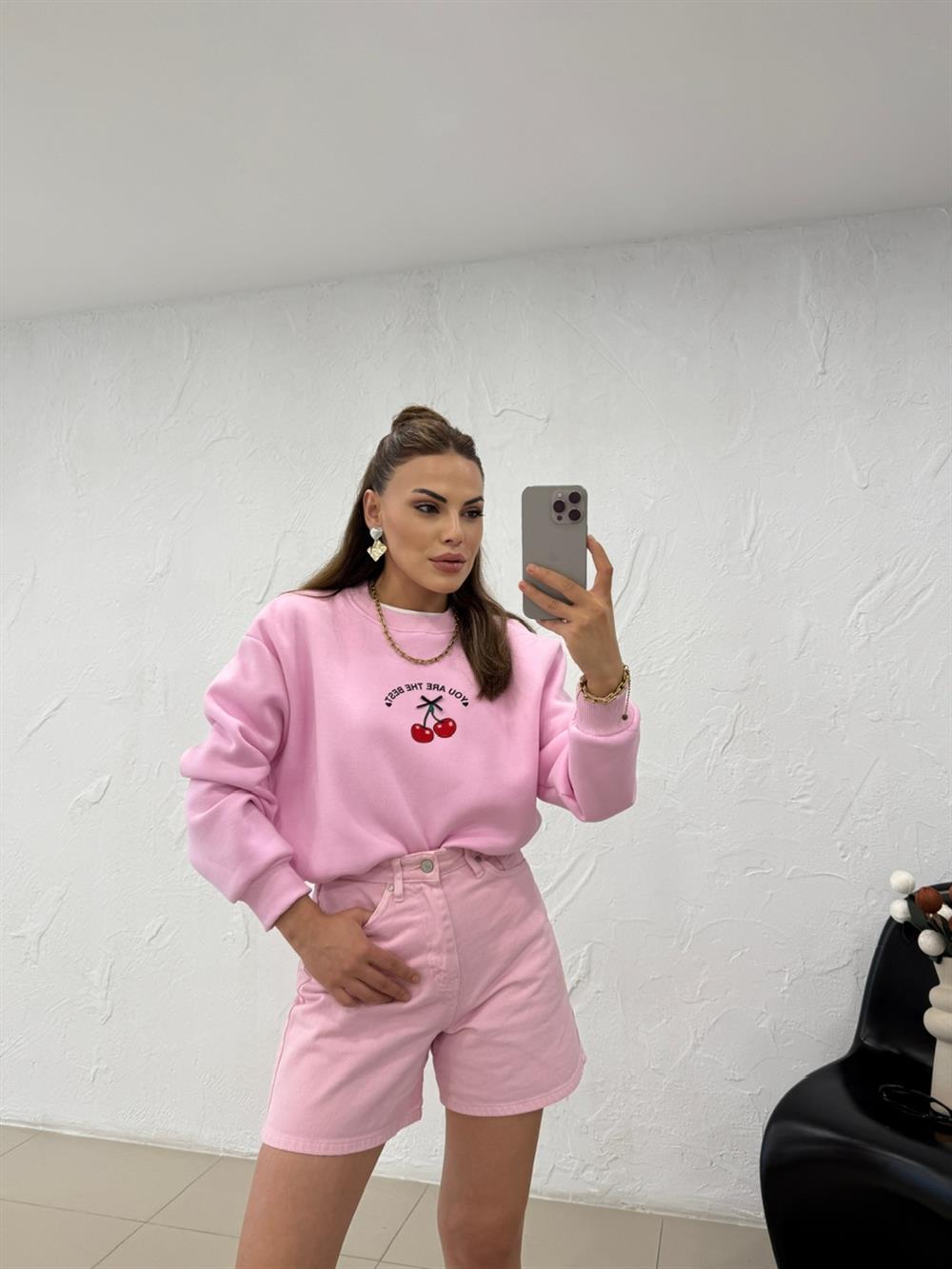 KİRAZLI SWEATSHIRT PEMBE
