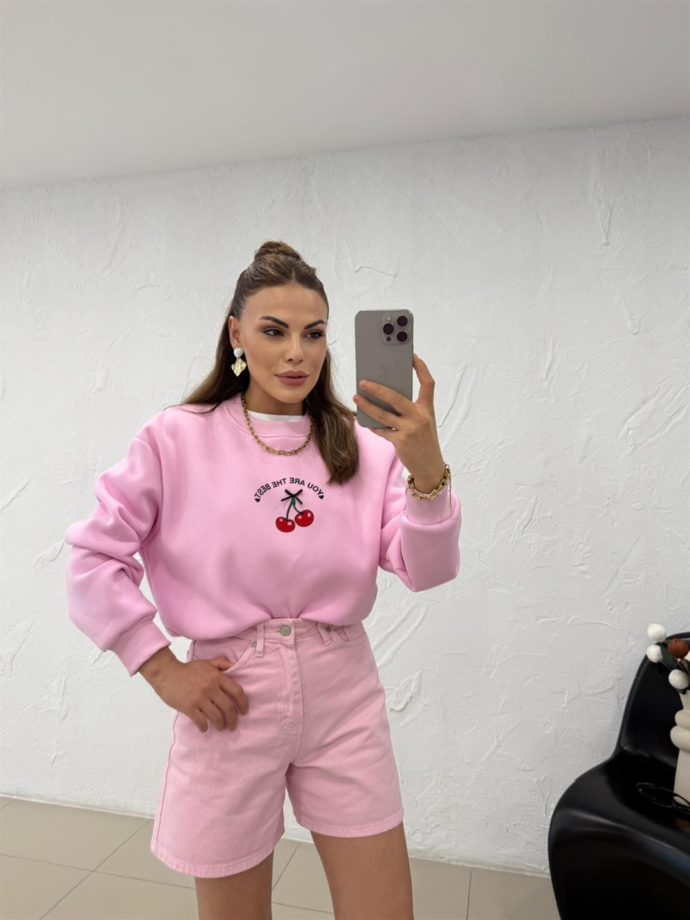 KİRAZLI SWEATSHIRT PEMBE