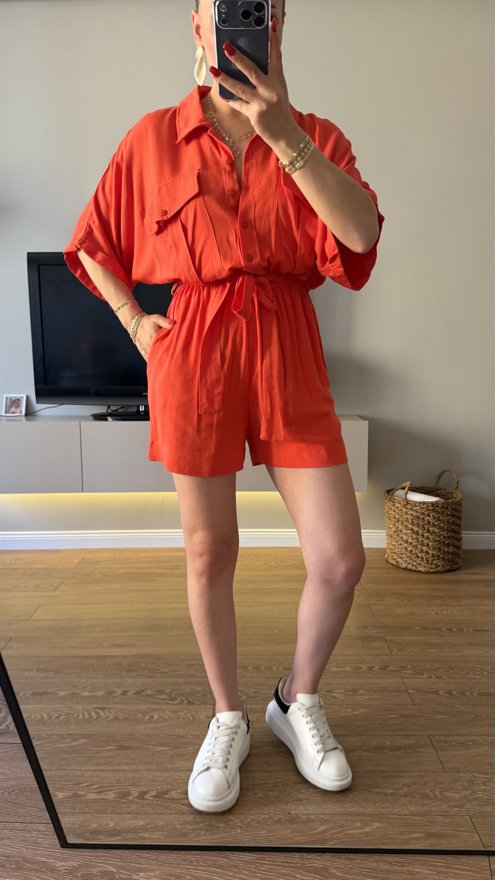 Kırmızı Bel Kuşaklı Tensel Tulum