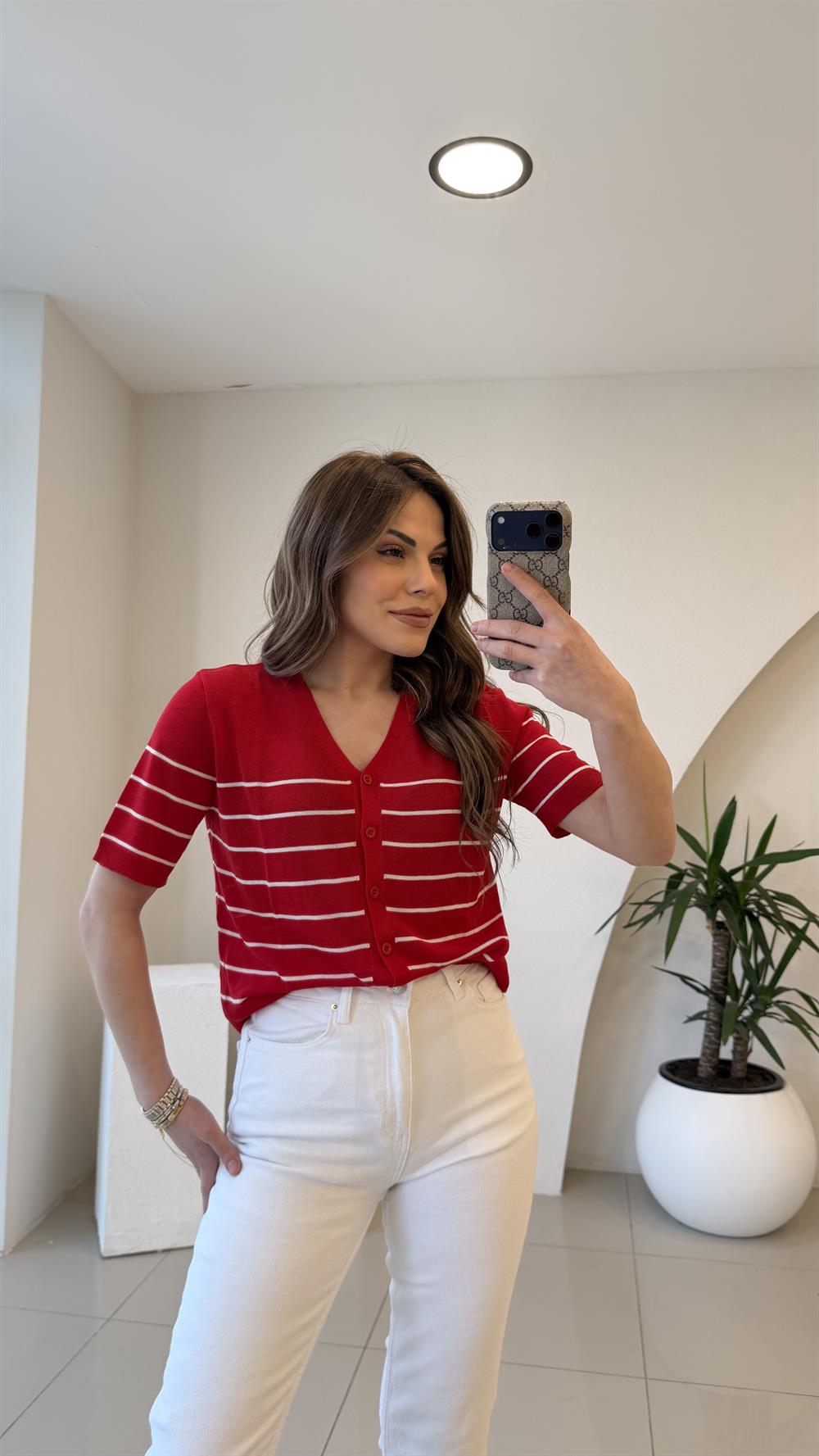 KIRMIZI ÇİZGİLİ MERSERİZE BLUZ 