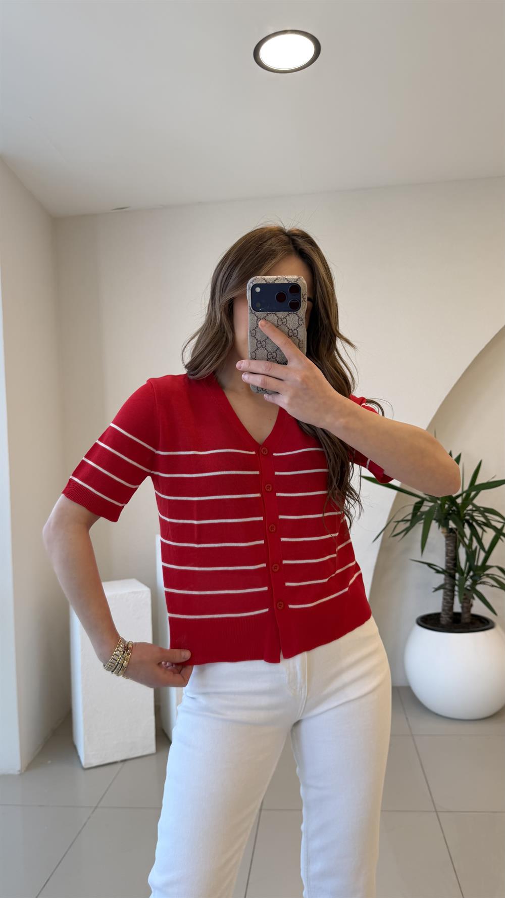 KIRMIZI ÇİZGİLİ MERSERİZE BLUZ 