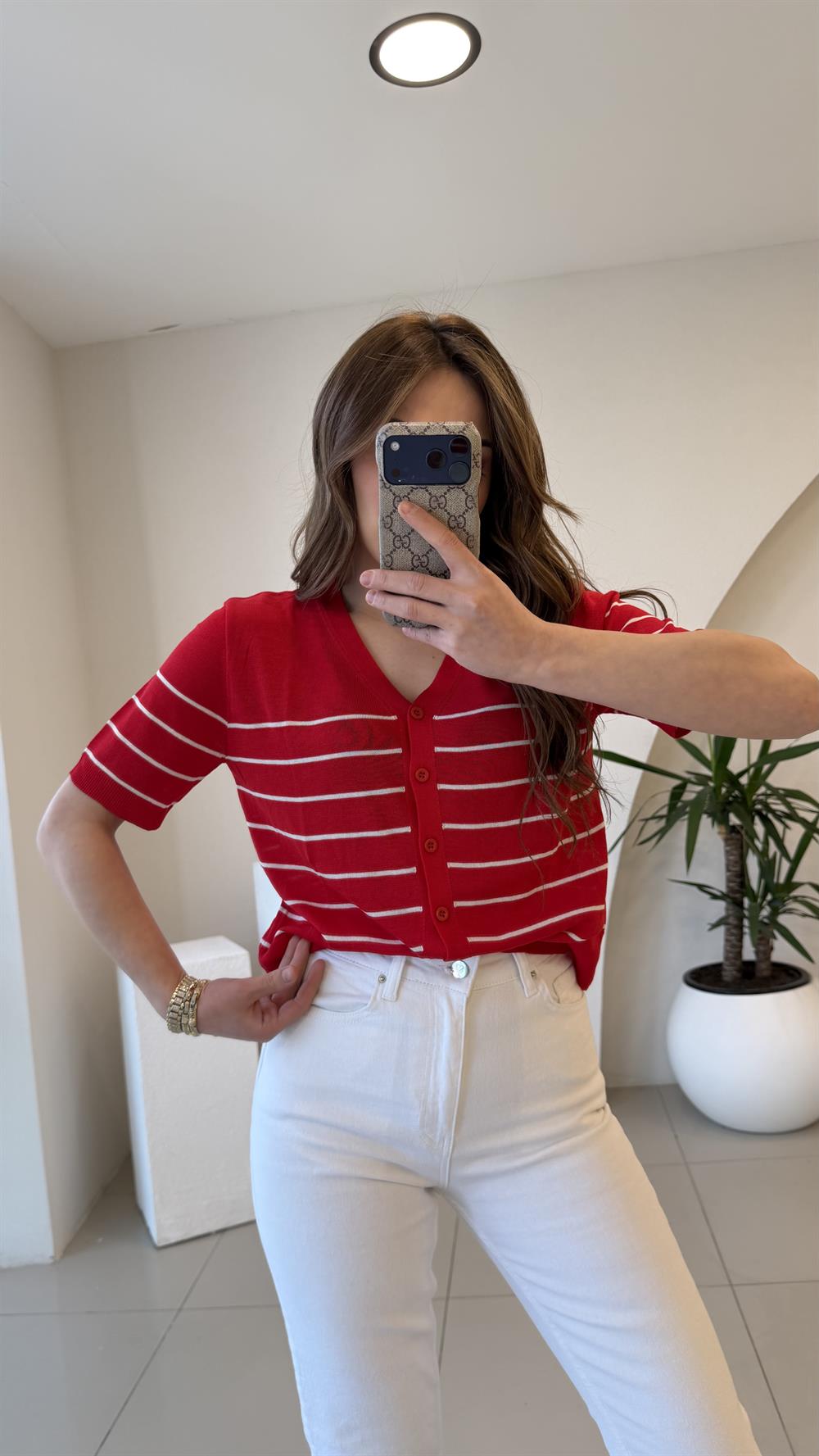 KIRMIZI ÇİZGİLİ MERSERİZE BLUZ 