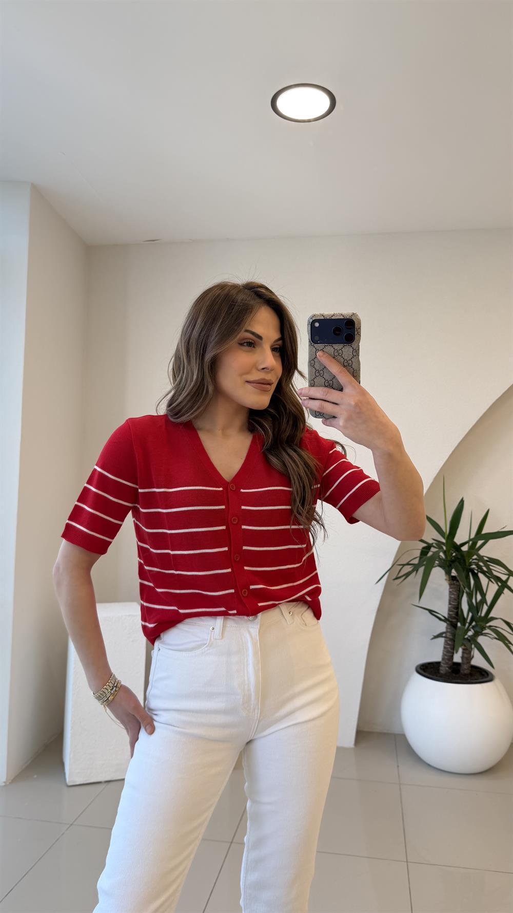 KIRMIZI ÇİZGİLİ MERSERİZE BLUZ 
