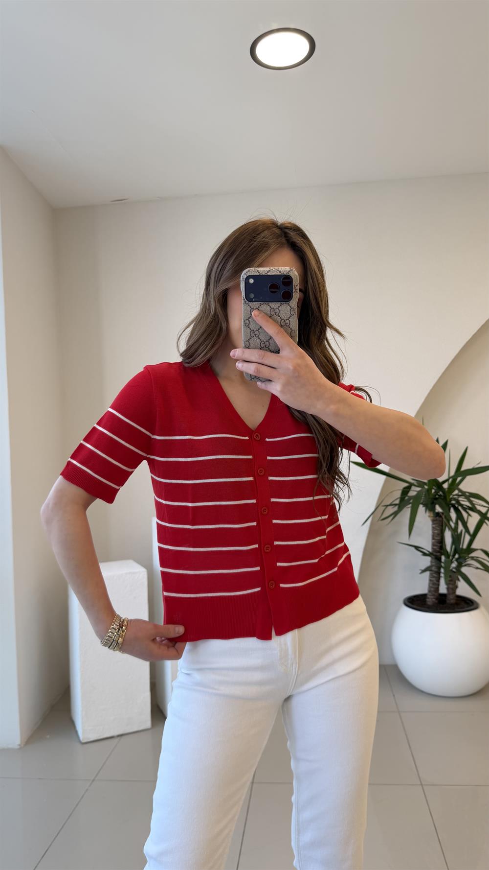 KIRMIZI ÇİZGİLİ MERSERİZE BLUZ 
