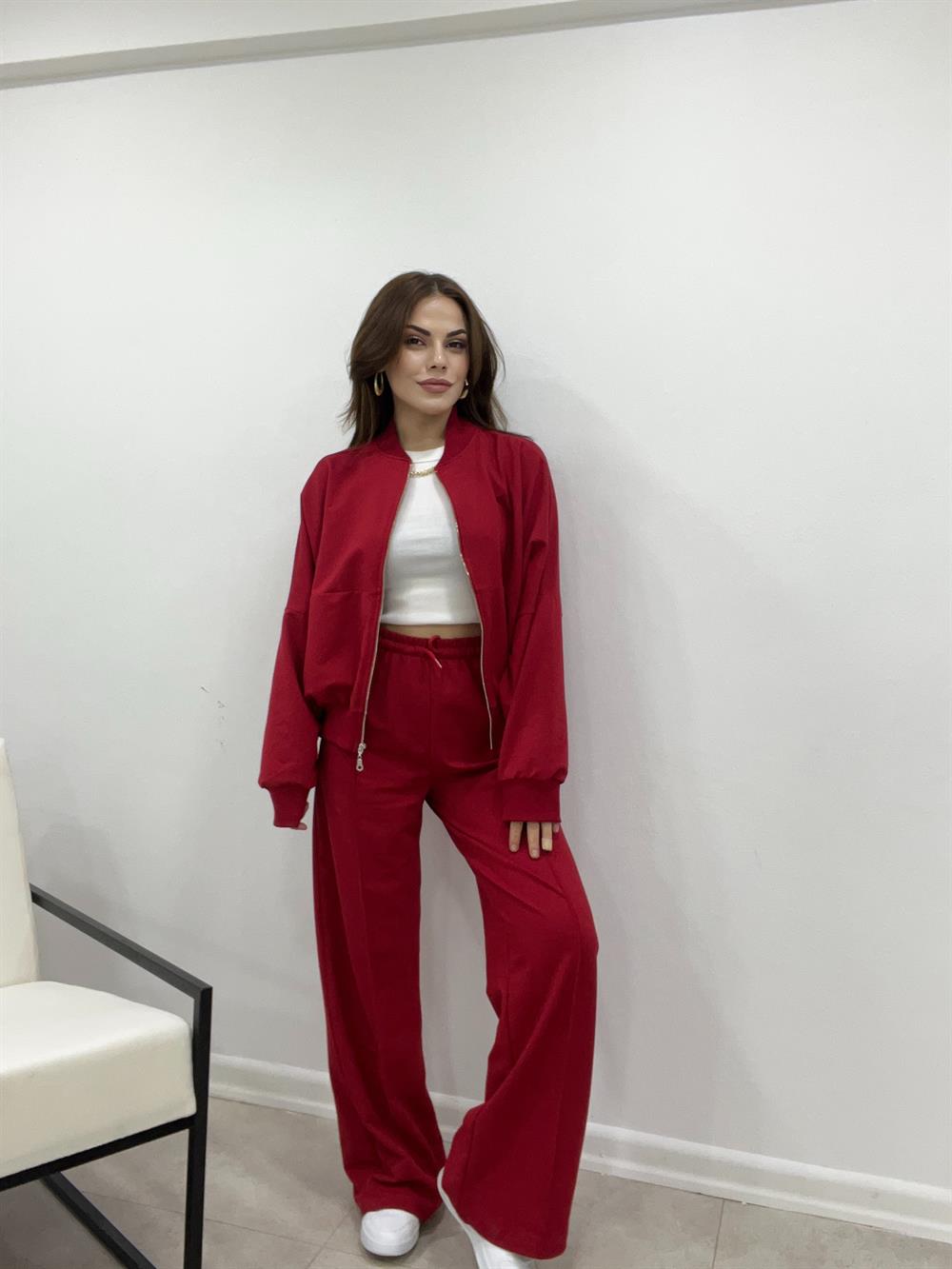 Kirmizi Faye Fermuarli Sweatshi̇rt Eşofman Takimi