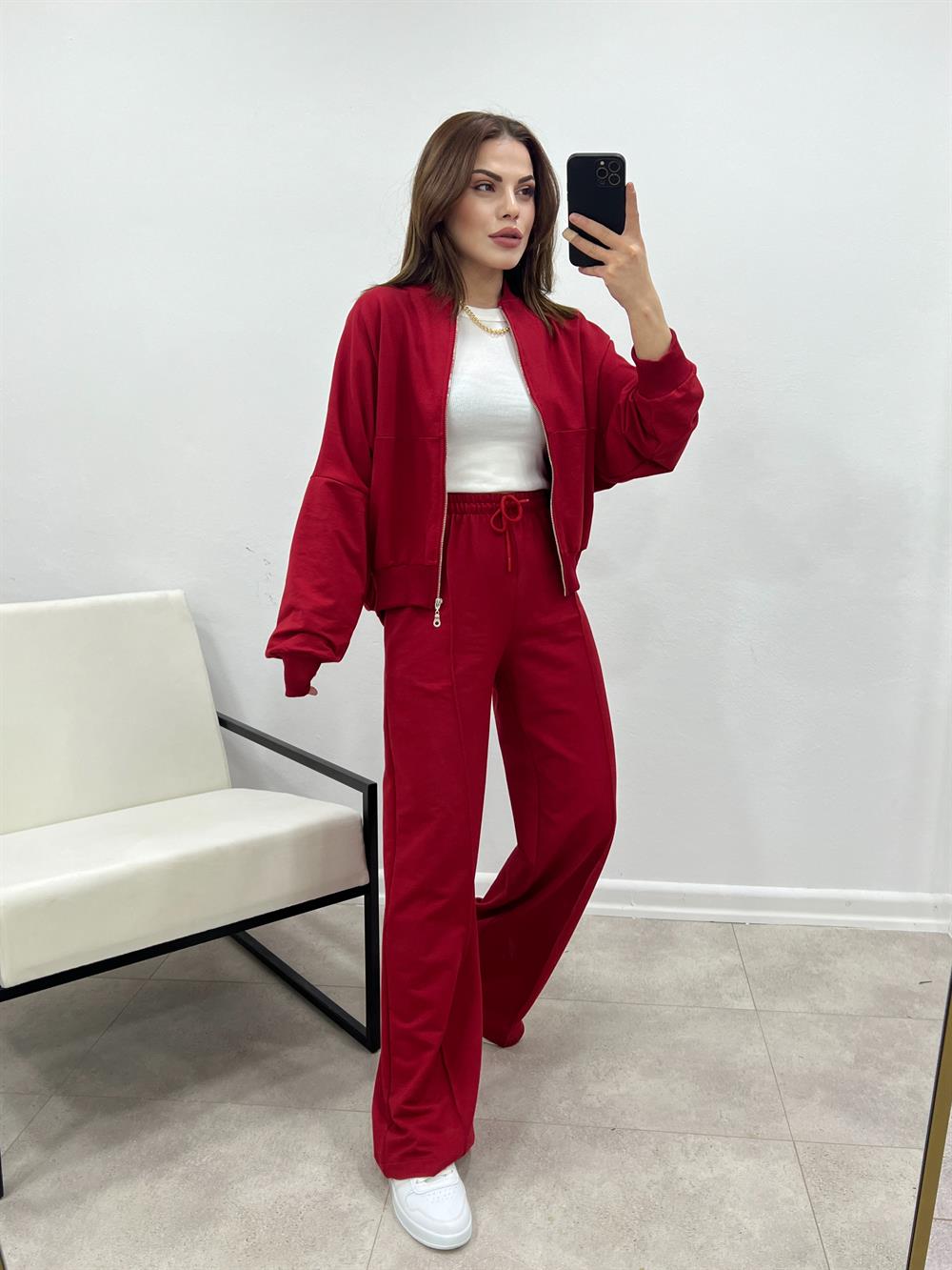 Kirmizi Faye Fermuarli Sweatshi̇rt Eşofman Takimi