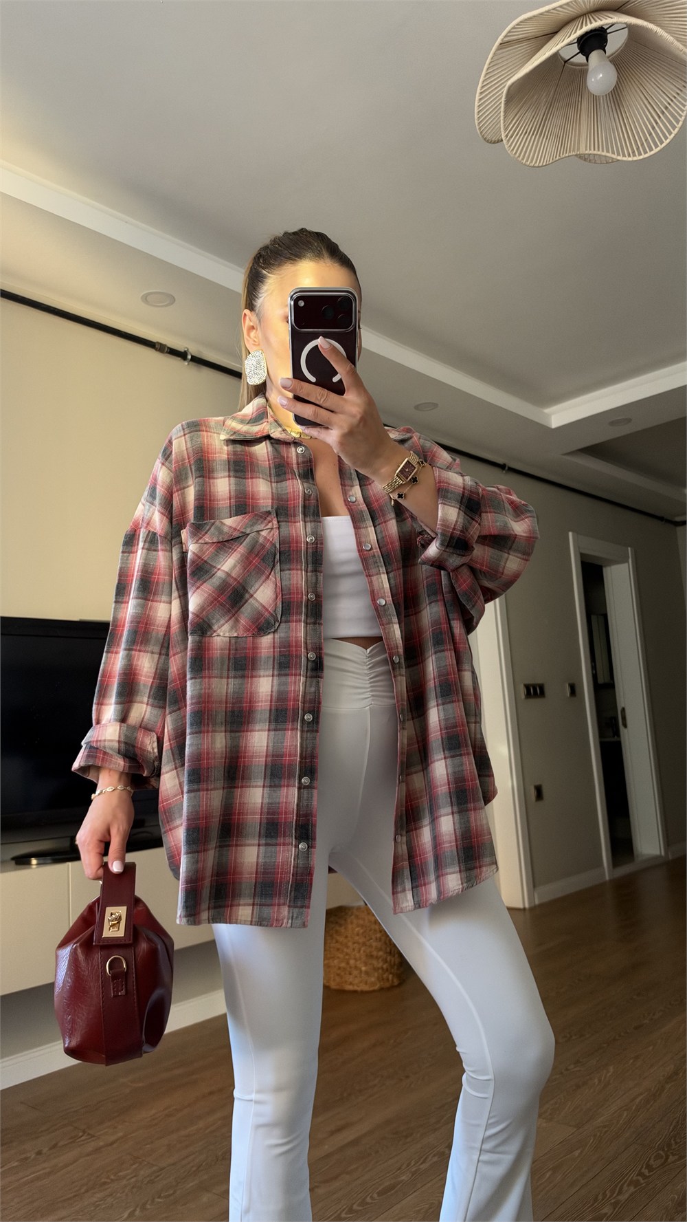 Kırmızı Gri  Ekose Desenli Oversize Oduncu Gömlek