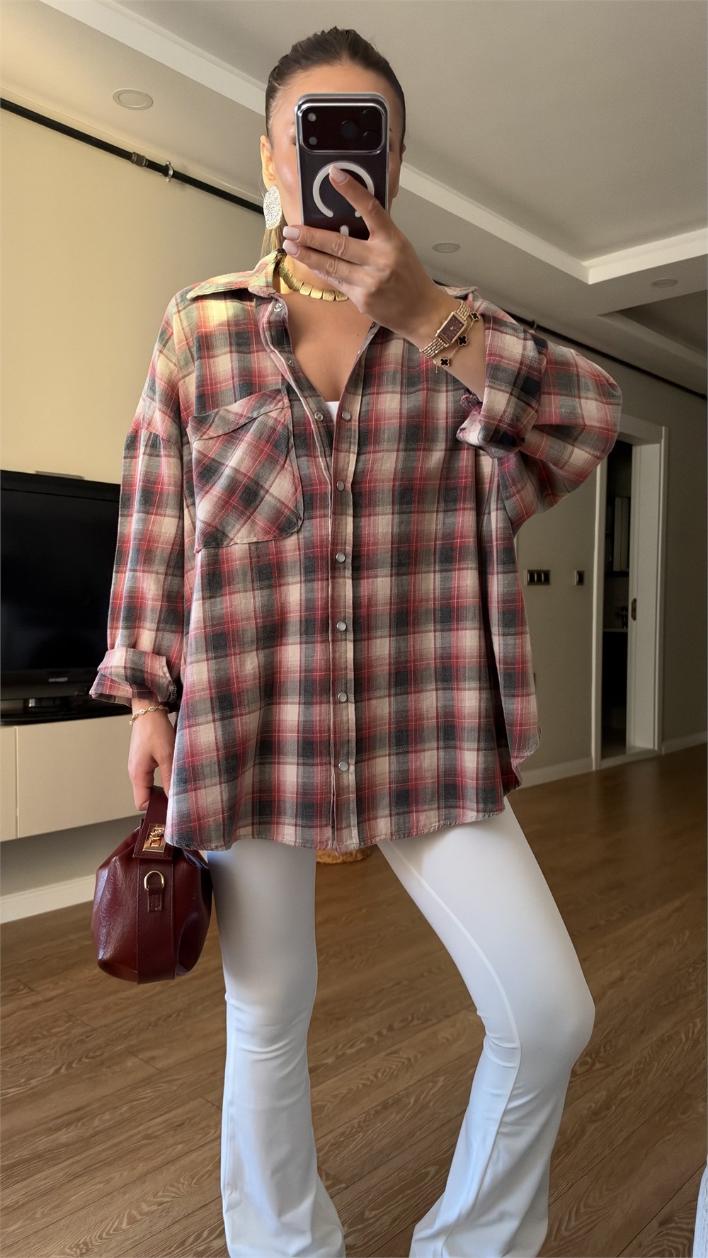 Kırmızı Gri  Ekose Desenli Oversize Oduncu Gömlek