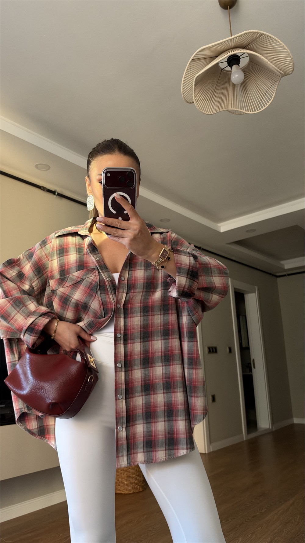 Kırmızı Gri  Ekose Desenli Oversize Oduncu Gömlek