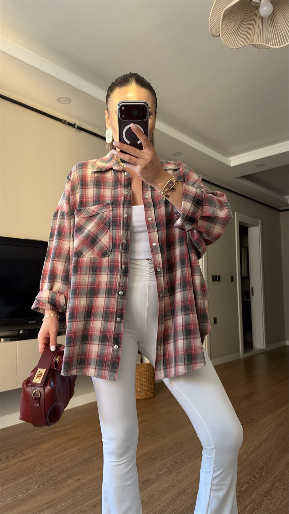 Kırmızı Gri  Ekose Desenli Oversize Oduncu Gömlek