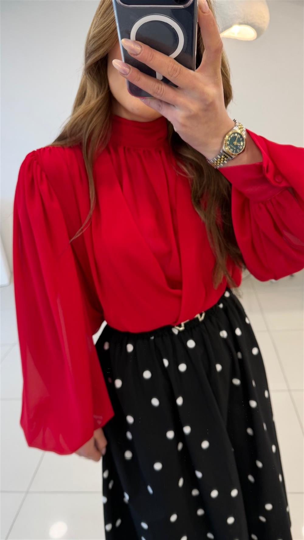 KIRMIZI TÜL VOLANLI BLUZ