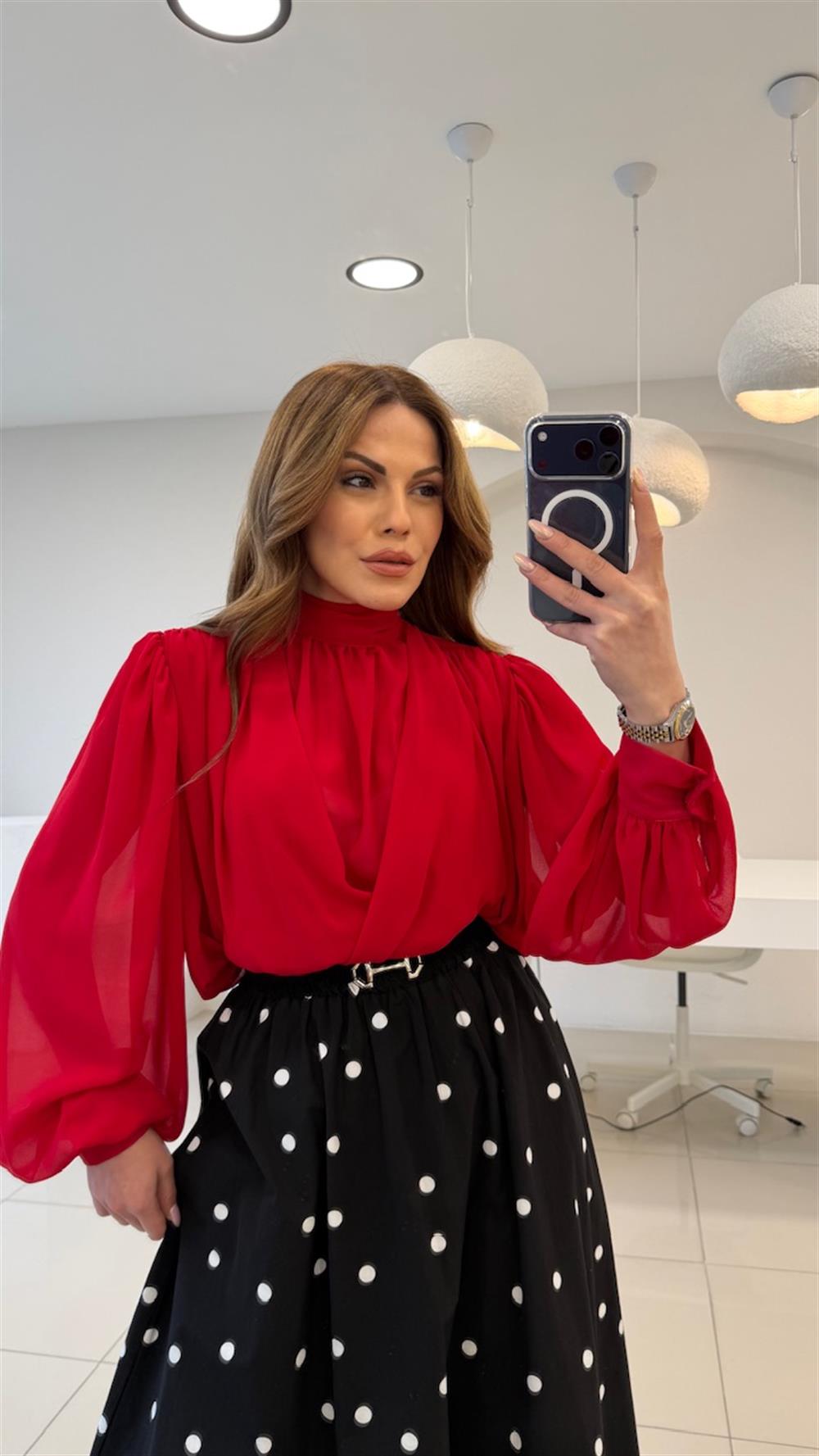 KIRMIZI TÜL VOLANLI BLUZ