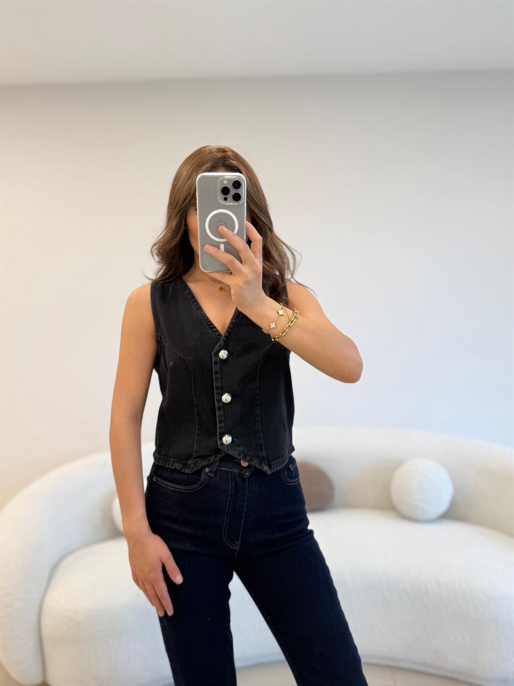 KISA DENİM YELEK ANTRASİT