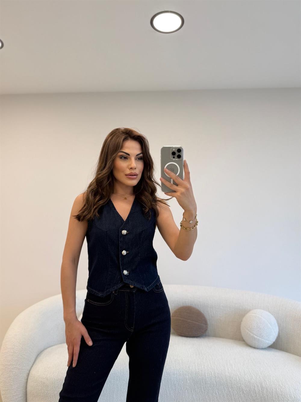 KISA DENİM YELEK LACİVERT