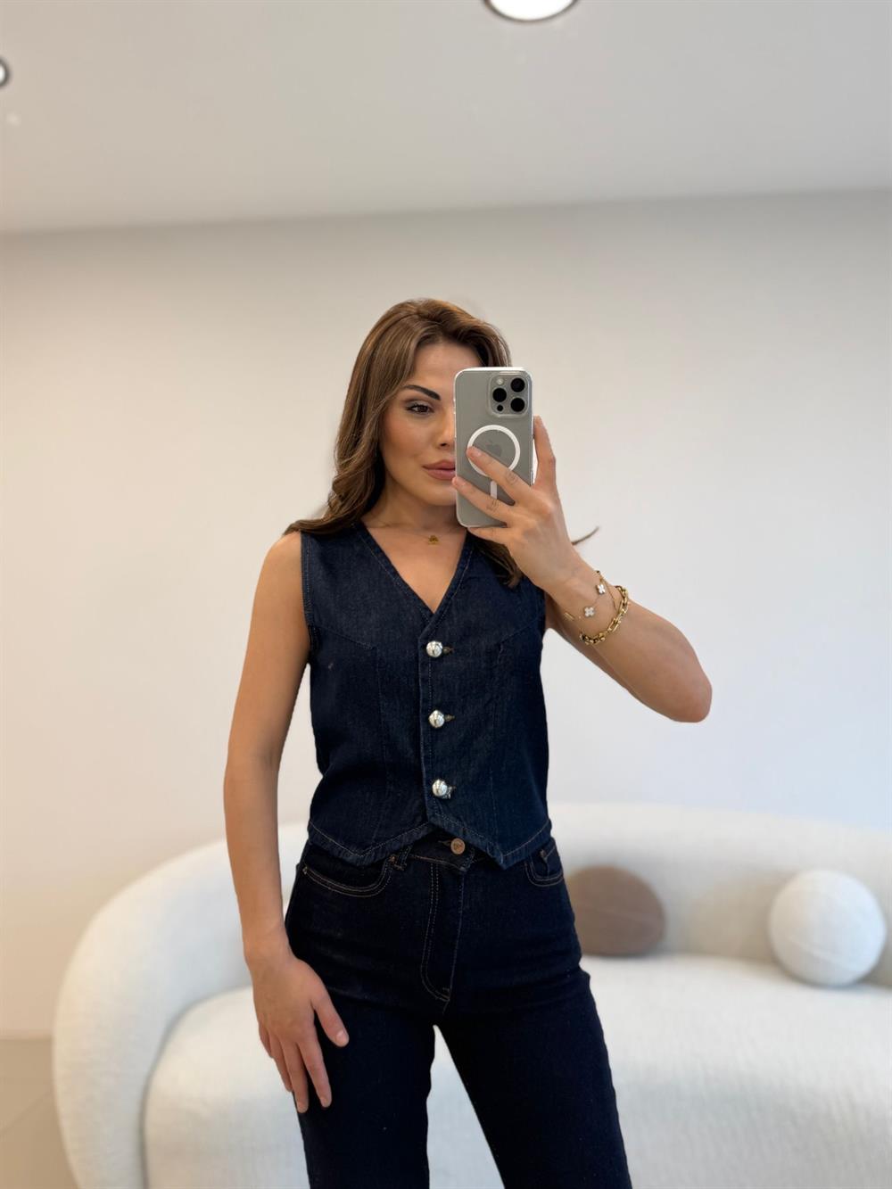 KISA DENİM YELEK LACİVERT
