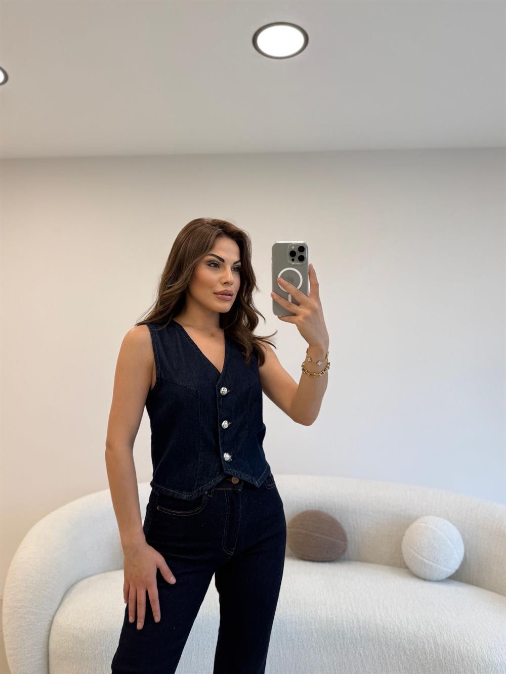 KISA DENİM YELEK LACİVERT