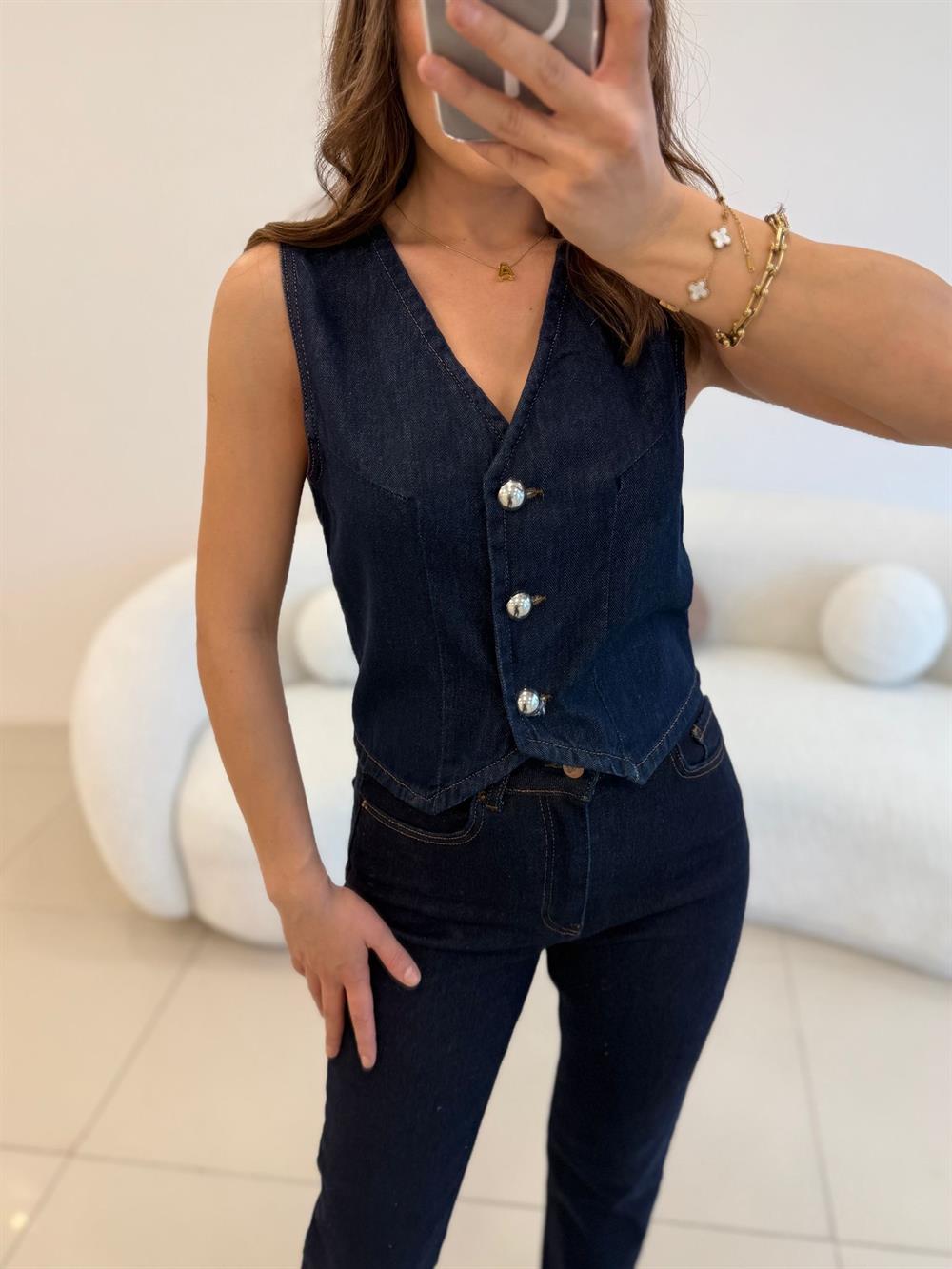 KISA DENİM YELEK LACİVERT
