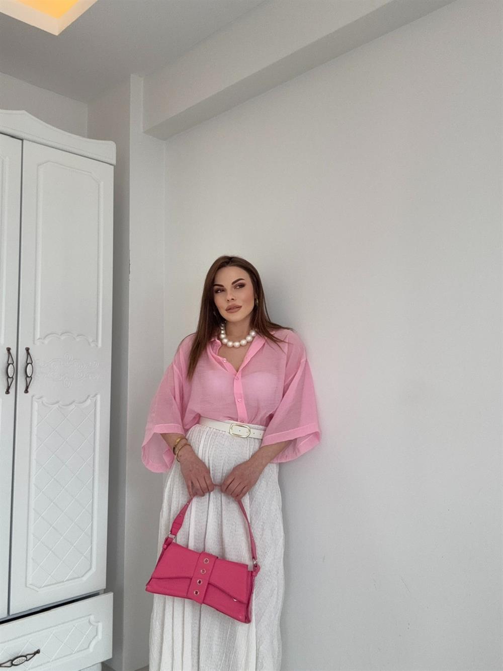 KISA KOL TÜL GÖMLEK PEMBE