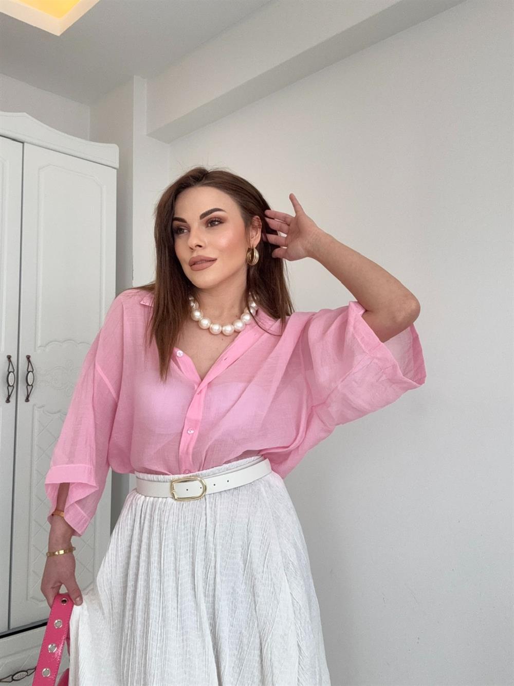 KISA KOL TÜL GÖMLEK PEMBE