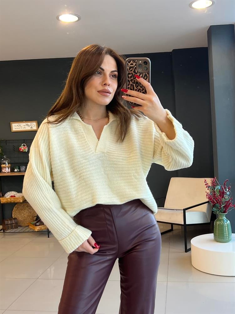 Kisik V Yaka Kazak Ekru