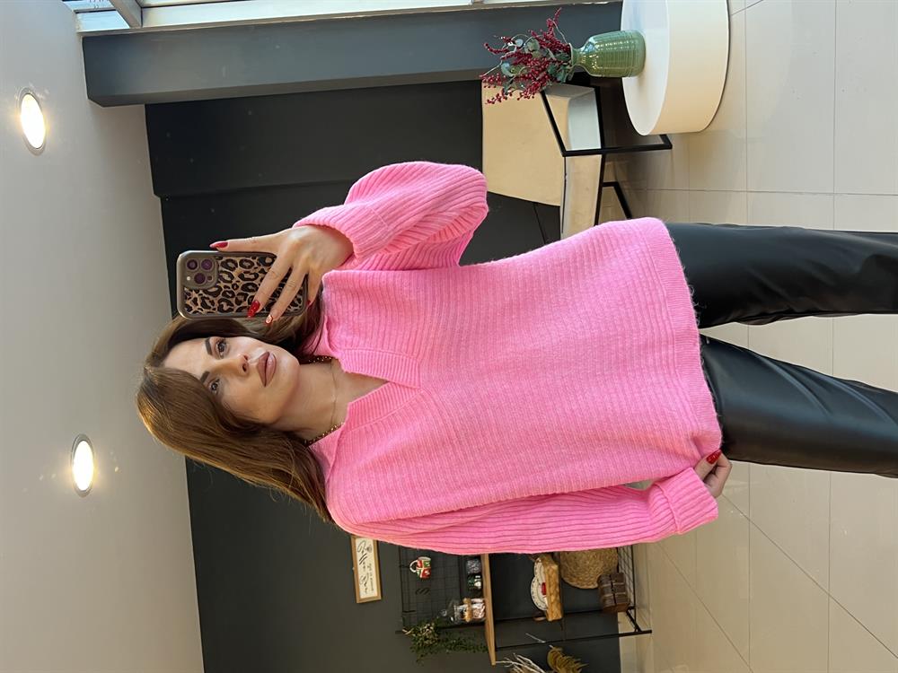 Kisik V Yaka Kazak Pembe